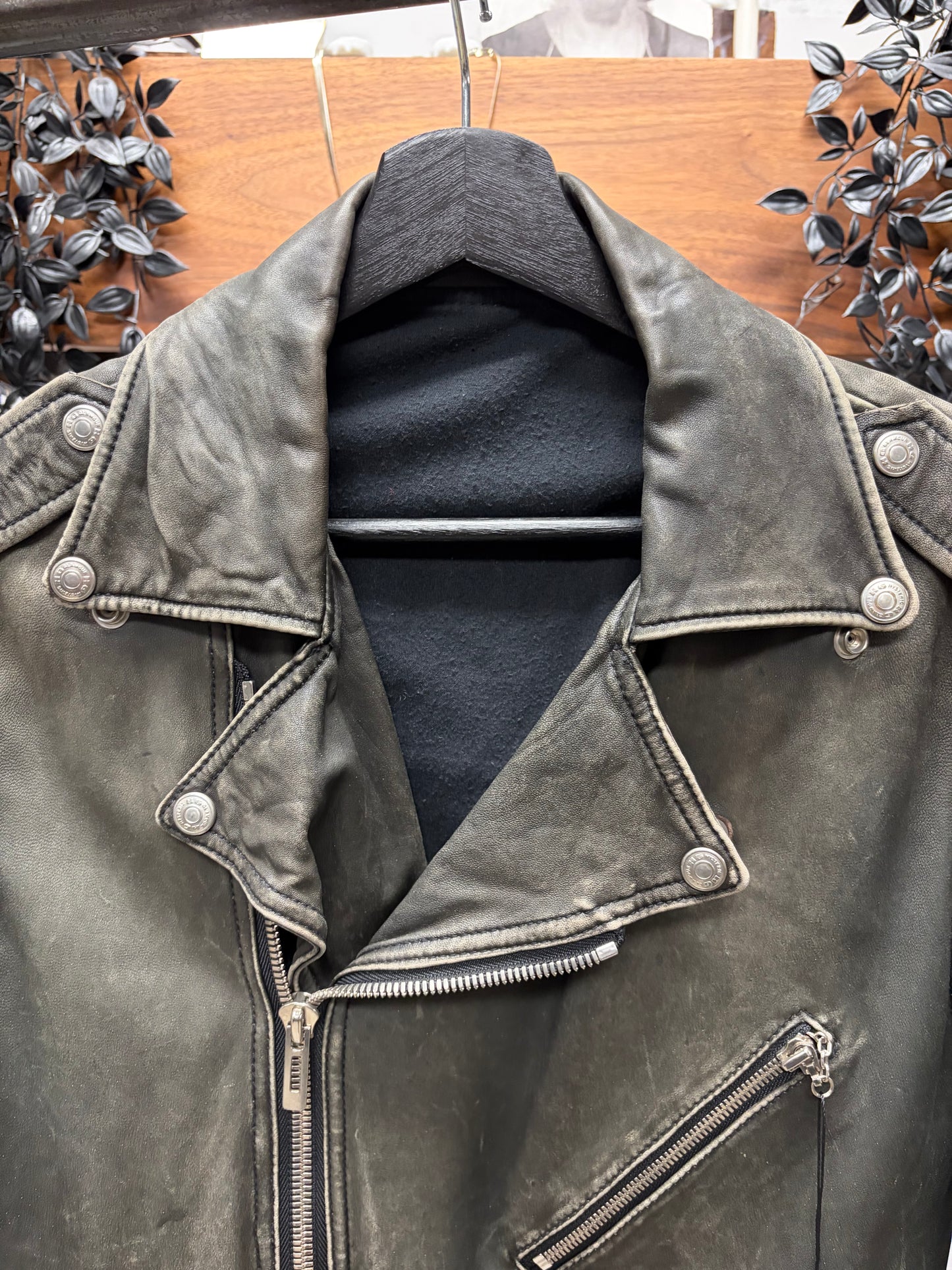 Hysteric Glamour Washed Black Calfskin Leather Biker Jacket