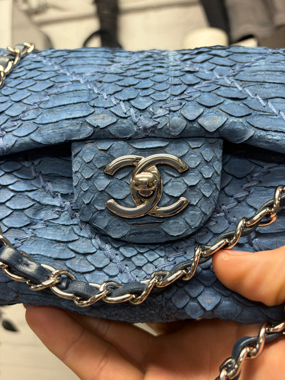 Chanel Blue Python Leather Classic ‘Flap Bag’ with Silver Hardware