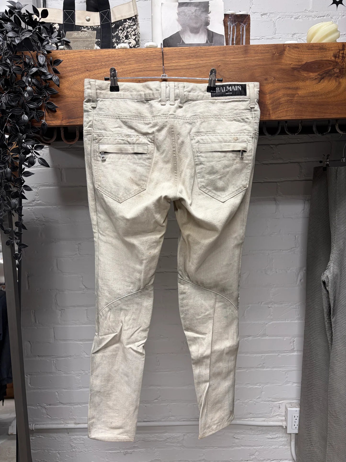 Balmain ‘Dirty White’ Biker Knee Skinny Jeans