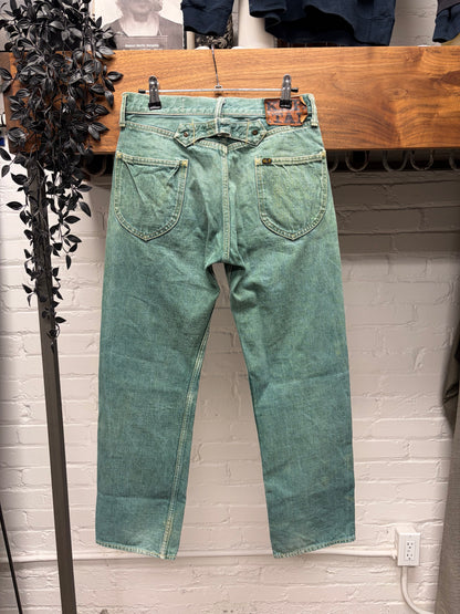 Kapital ‘Seafoam Green’ Buckle-Back Raw Bootcut Denim
