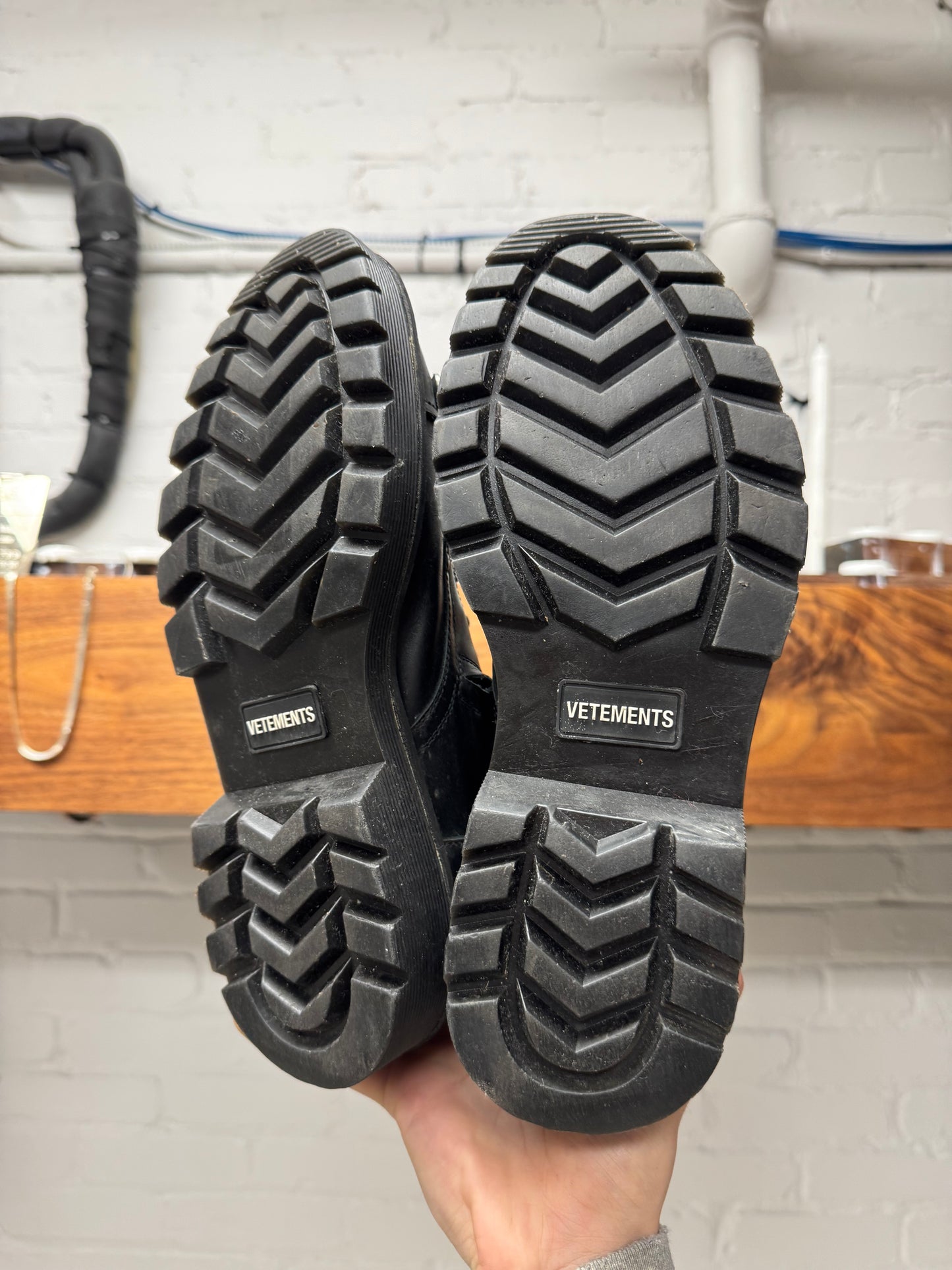 SS2020 Vetements Gothic Logo ‘Plaque’ Leather Combat Boots