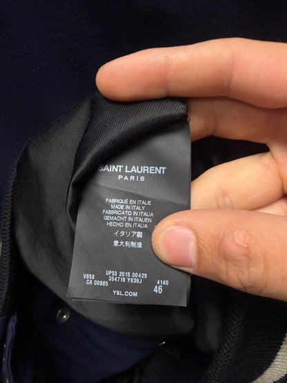 2015 Saint Laurent by Hedi Slimane Navy/Black Cotton/Leather Teddy Bomber Jacket