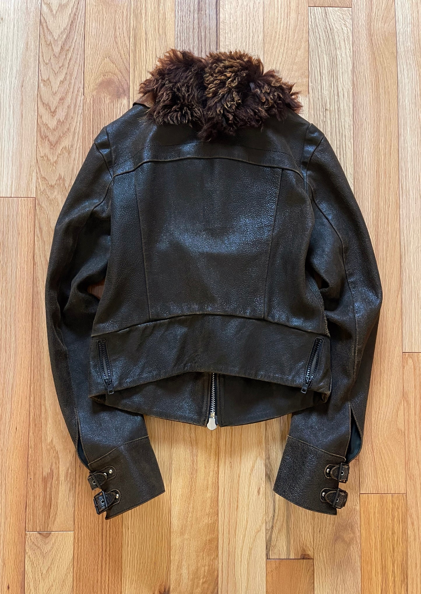 LGB Pebbled Lambskin Leather Fur Trim ‘Flight’ Jacket