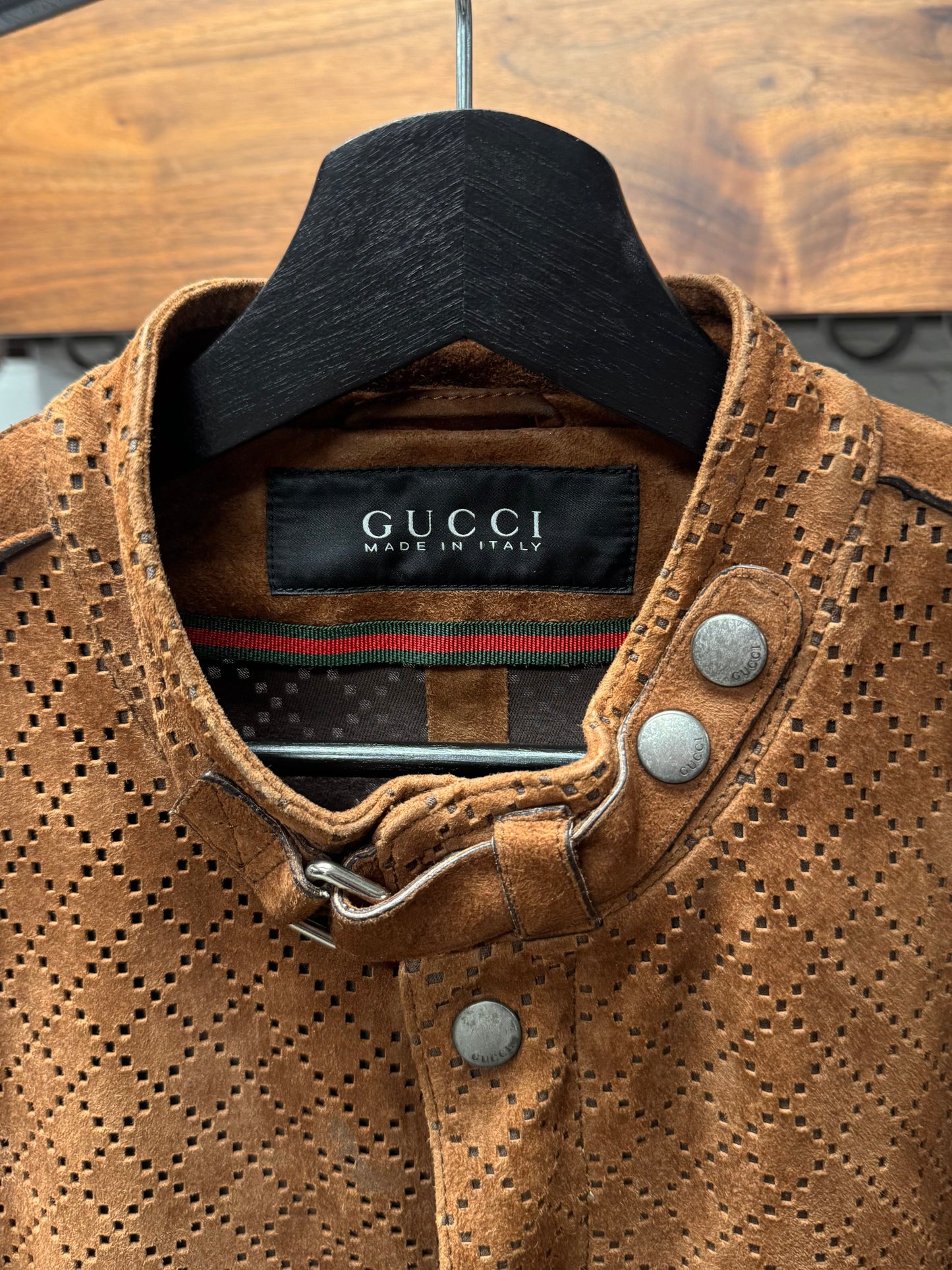 Gucci by Tom Ford ‘Diamante’ Perforated Brown Suede Biker Jacket
