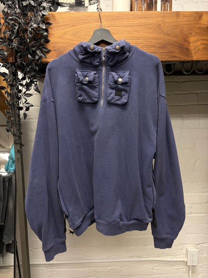 Kapital ‘Nickel 4’ Quarter Zip Dyed Blue Cargo Pocket Sweatshirt
