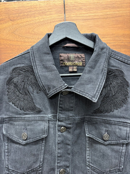 Roberto Cavalli Embroidered ‘Angel Wings’ Black Denim Trucker Jacket