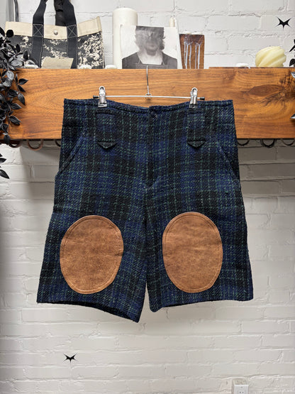 Vintage 90s Issey Miyake Blue/Green Plaid Tweed Shorts with Leather Knee Patches