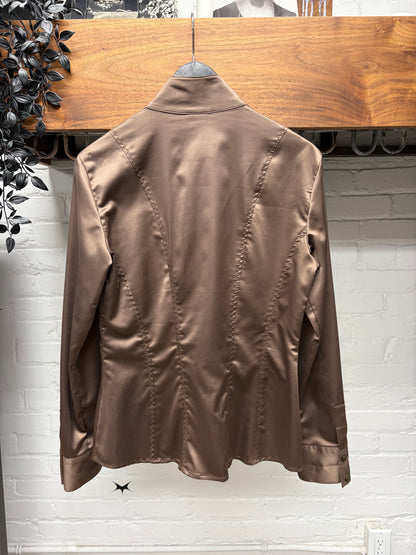 Roberto Cavalli Brown Silk Mandarin Collar Shirt
