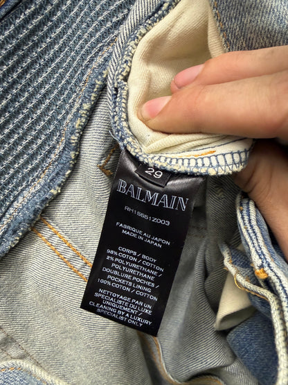 2010s Balmain 'Blood Stained' Blue Skinny Moto-Biker Knee Skinny Jeans