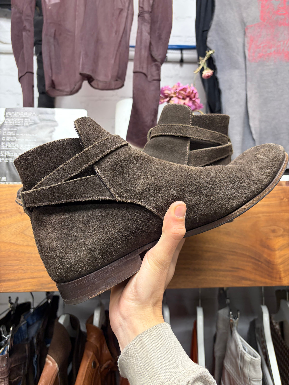 Prada Dark Brown Suede ‘Jodhpur’ Buckle Strap Ankle Cut Chelsea Boots