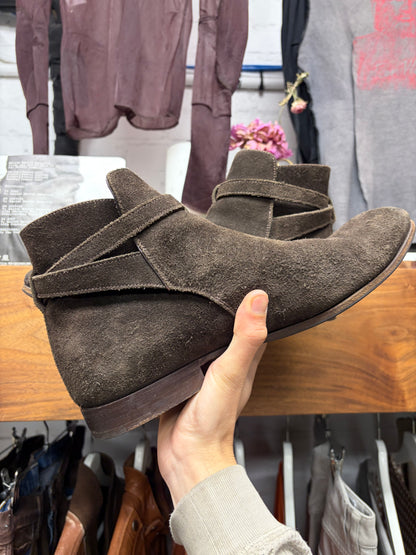Prada Dark Brown Suede ‘Jodhpur’ Buckle Strap Ankle Cut Chelsea Boots