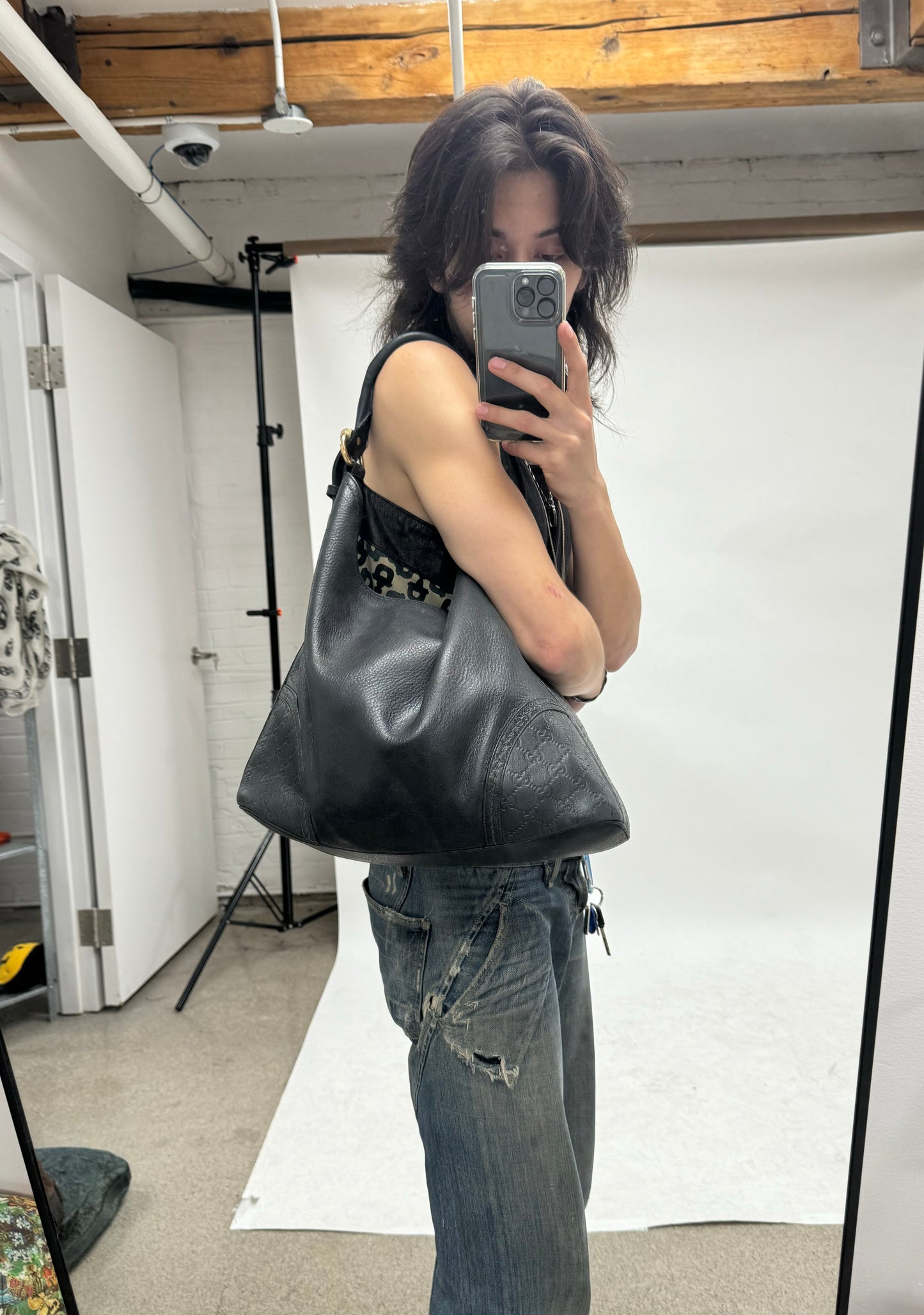 Gucci ‘Guccisima’ Black Leather Monogram Hobo Bag