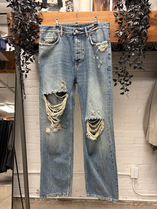 2023 Balenciaga ‘Heavily Distressed’ Washed Blue Bootcut Baggy Denim