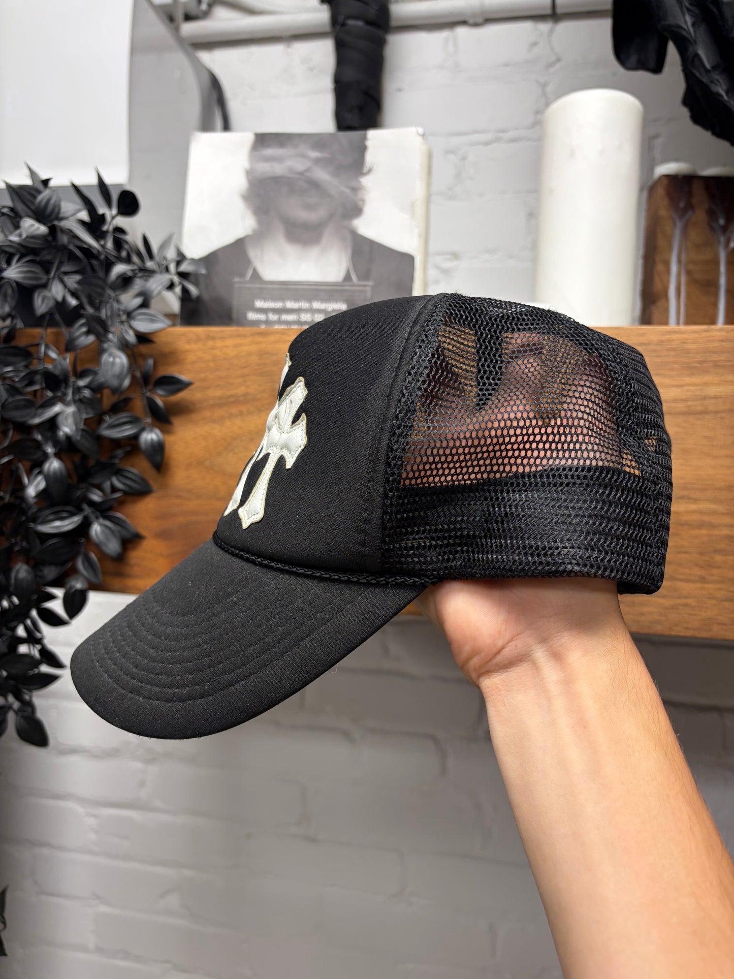 Vintage 90s Chrome Hearts Black/White Leather ‘Cemetery’ Cross Patch Trucker Hat