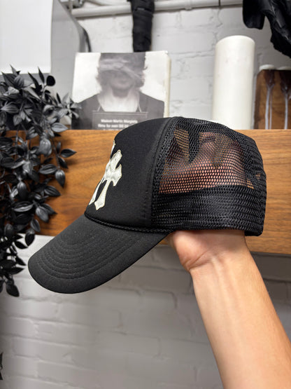 Vintage 90s Chrome Hearts Black/White Leather ‘Cemetery’ Cross Patch Trucker Hat