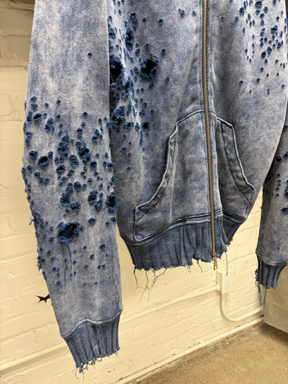 Amiri Shotgun Distressed Blue Cashmere Zip-Up Hoodie