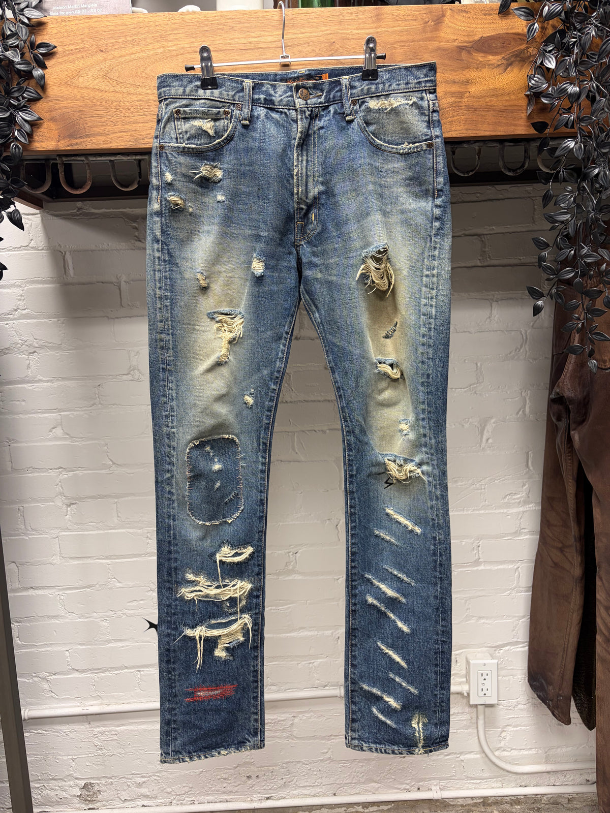 SS2005 Undercover 60 ‘But Beautiful’ Red Yarn Distressed Blue Men’s Skinny Jeans