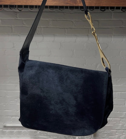 AW1996 Gucci by Tom Ford Blue ‘Pony Hair’ Gold Horsebit Bag