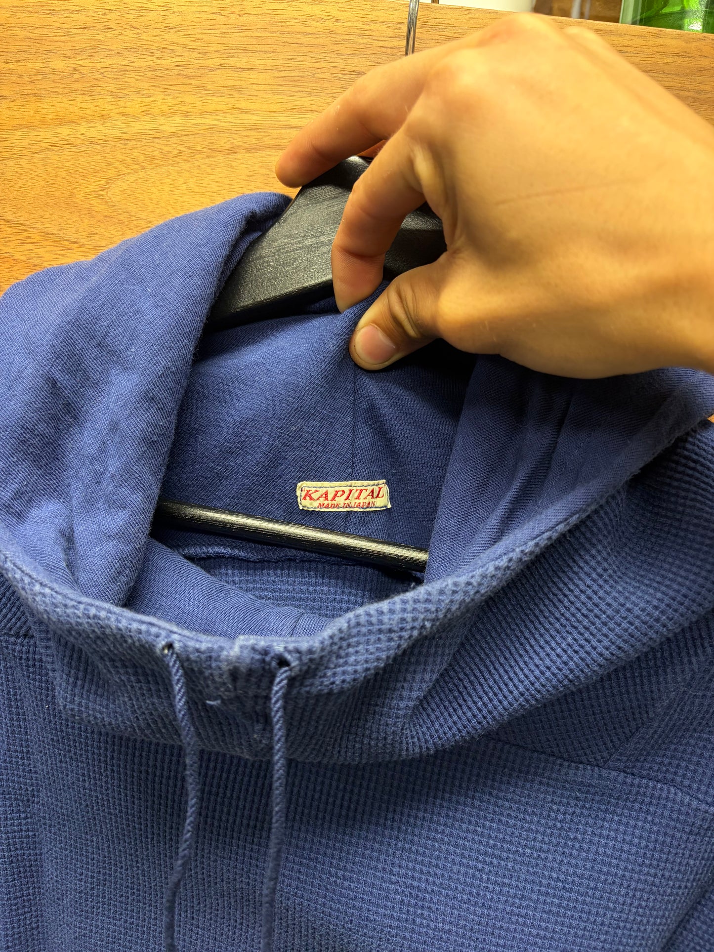 Kapital Military Inspired ‘Smock Neck’ Thermal Cotton Indigo Blue Pullover Hoodie