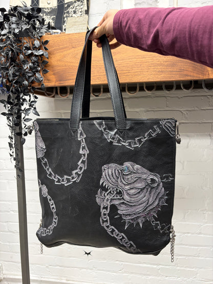 AW2014 Yohji Yamamoto Cowhide ‘Tiger & Chains’ Black Leather Tote Bag