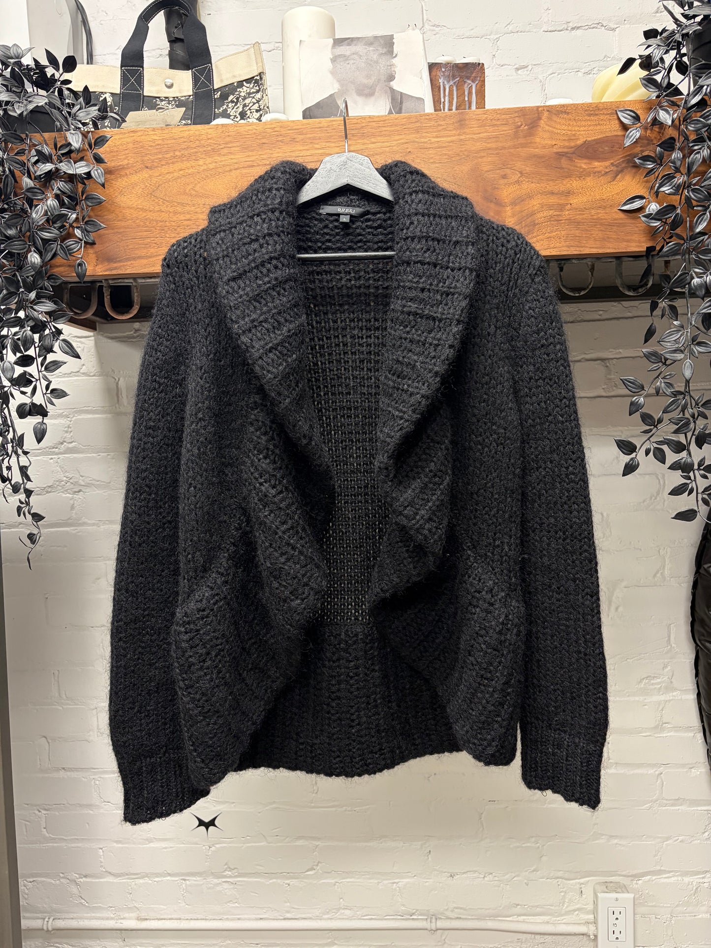 Gucci by Tom Ford Camelhair Wrap Neck Black Shawl Knit Cardigan