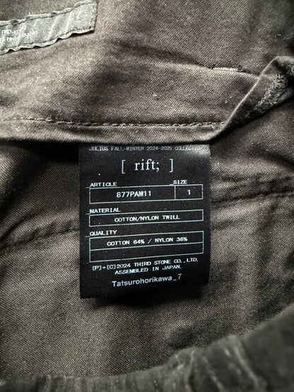 AW2024 Julius ‘Gas Mask’ Cotton/Nylon Black Wide Leg Cargo Pants