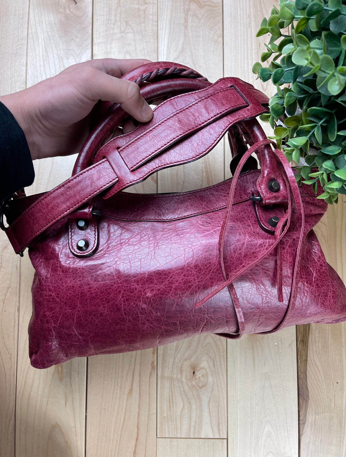 Balenciaga ‘Twiggy’ Rustic Red Calfskin Leather Shoulder/ Top Handle City Bag