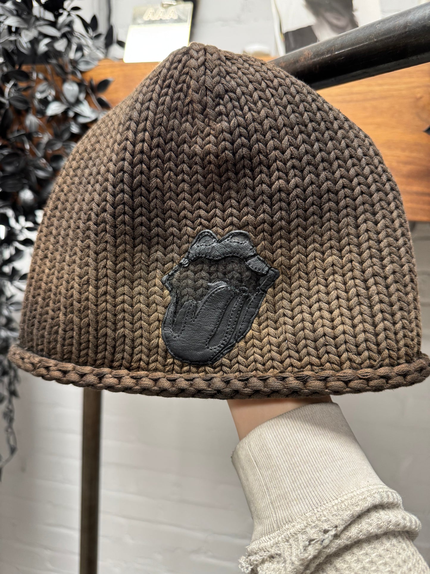 Vintage Chrome Hearts ‘Rolling Stones’ Leather Patch ‘Sun Faded’ Brown Beanie