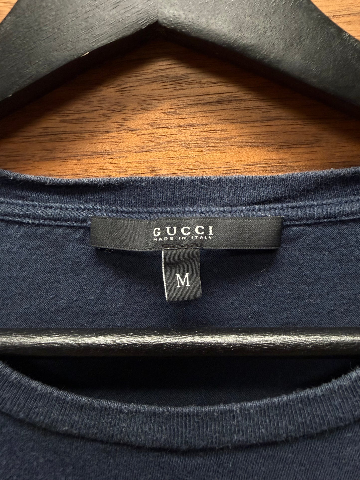 2000s Gucci ‘Cursive Script Logo’ Navy Blue Cotton T-Shirt