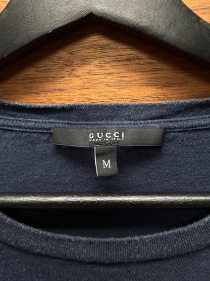 2000s Gucci ‘Cursive Script Logo’ Navy Blue Cotton T-Shirt