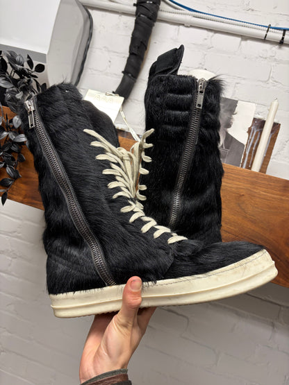 Rick Owens Ponyhair Black/Milk ‘Cargobasket’ High Top Sneakers
