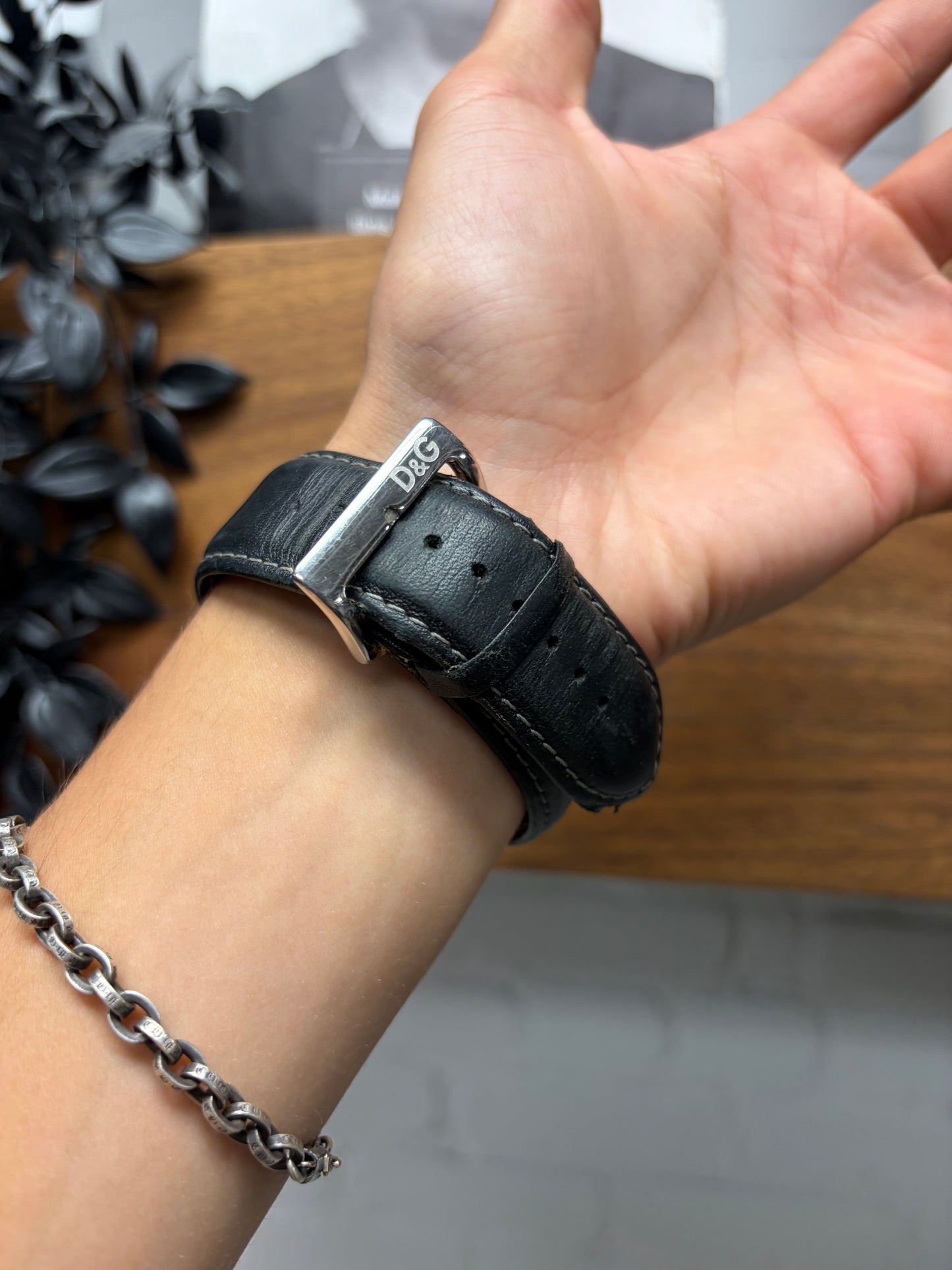Dolce & Gabbana ‘Triple Chronograph’ Silver Tone Watch with Black Leather Strap