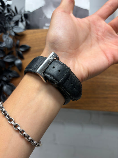 Dolce & Gabbana ‘Triple Chronograph’ Silver Tone Watch with Black Leather Strap