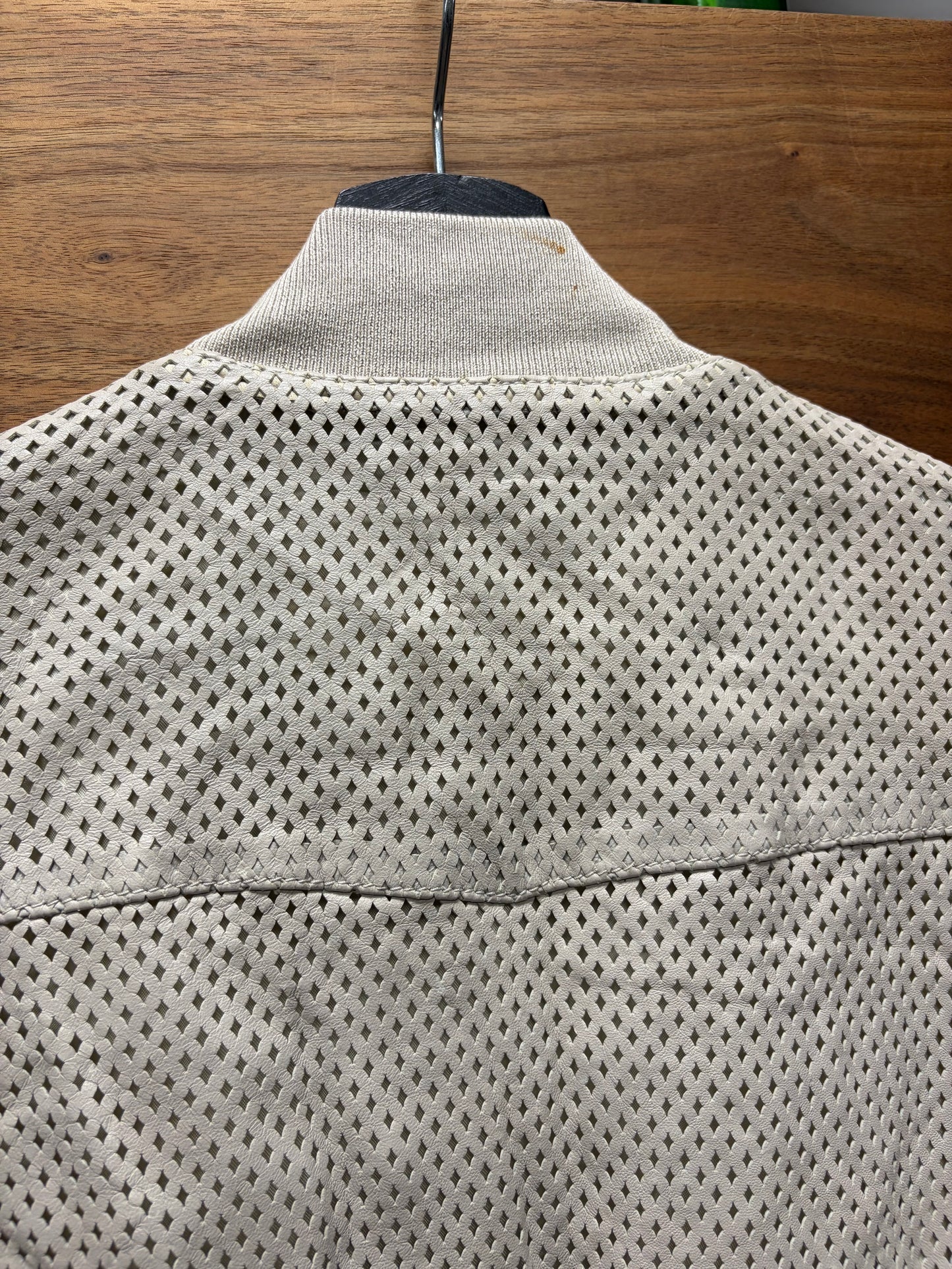 Dolce and Gabbana ‘Mainline’ Diamond Shape Perforated Cream Lambskin Leather Bomber Jacket