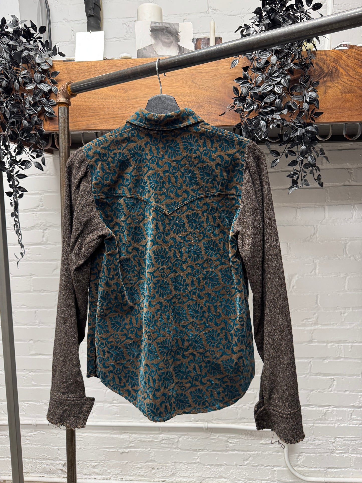 AW1997 Undercover Velour ‘Floral Pattern’ Diamond Snap Distressed Wool Shirt