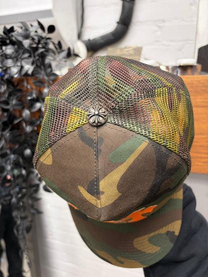 Chrome Hearts Orange ‘Cemetery’ Leather Cross Patch Camo Trucker Hat