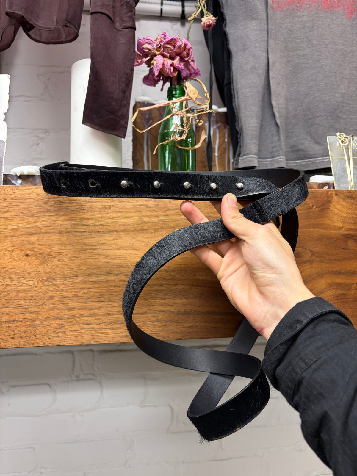 Rick Owens Leather Black ‘Pony Hair’ Button Stud Belt