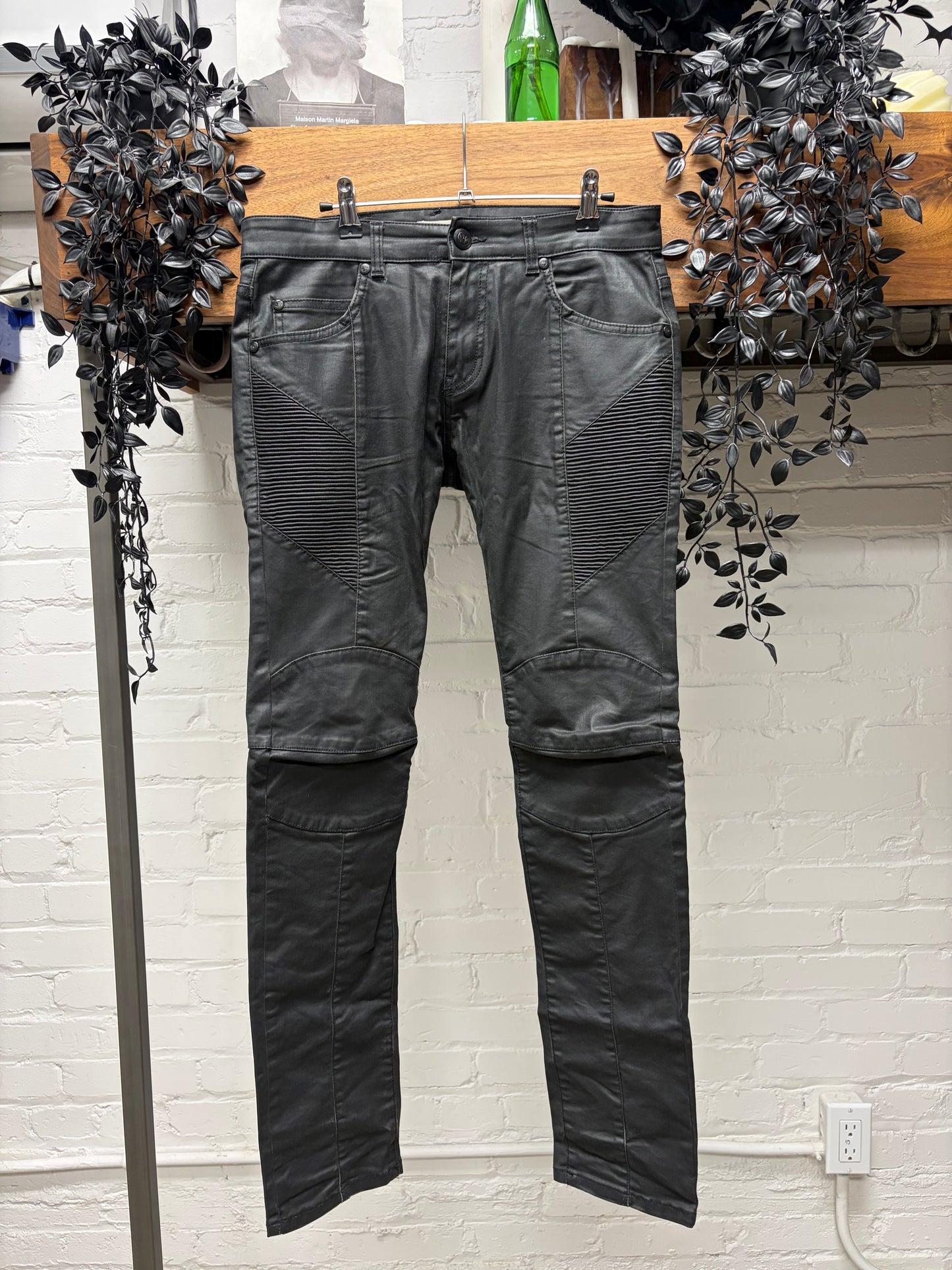 Balmain Waxed Black Moto-Biker Knee Skinny Jeans