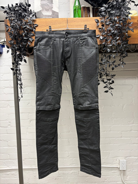 Balmain Waxed Black Moto-Biker Knee Skinny Jeans
