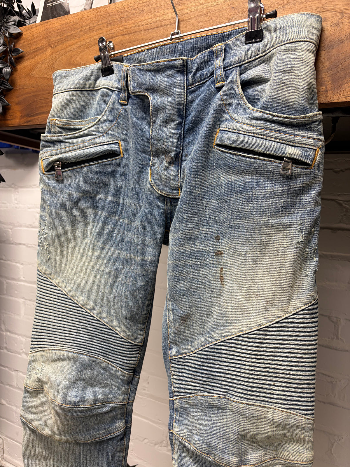 2010s Balmain 'Blood Stained' Blue Skinny Moto-Biker Knee Skinny Jeans