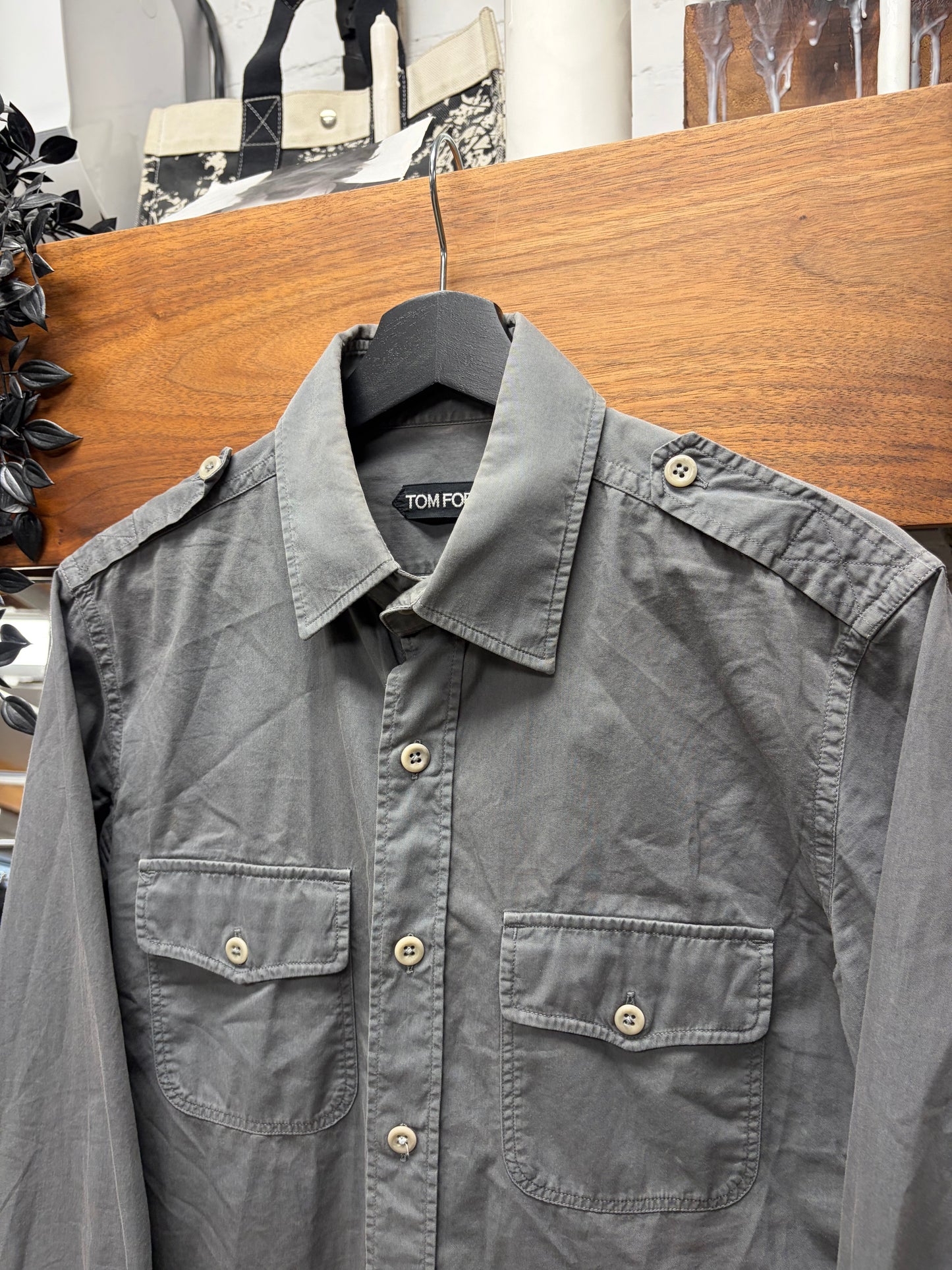 Tom Ford Grey Military Inspired Cotton Button Up Shirt