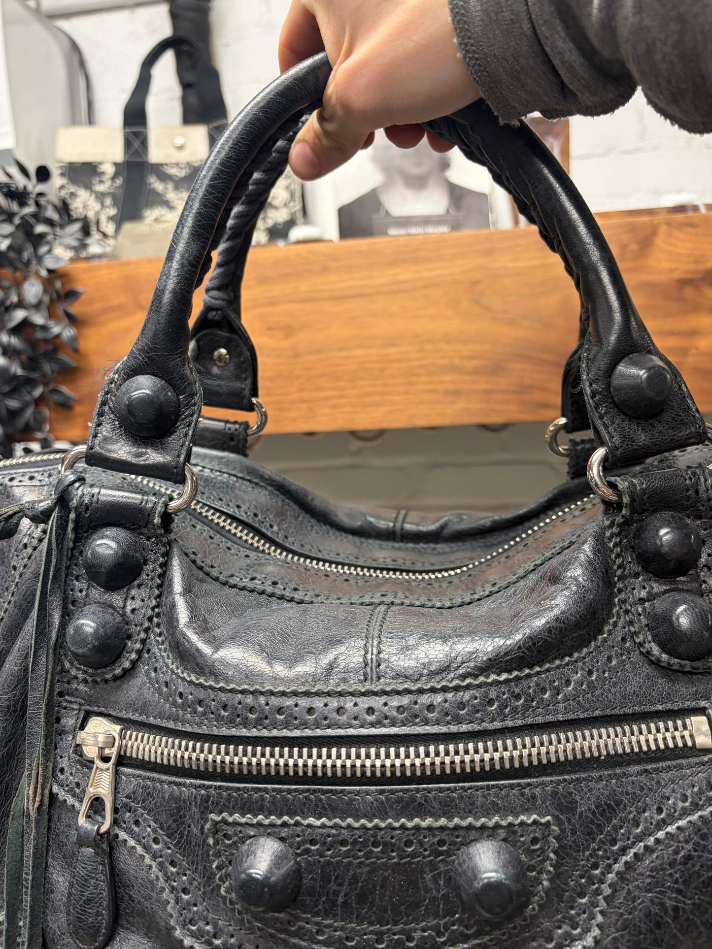 Balenciaga ‘Brogue’ Black Perforated Leather Classic ‘City Bag’ with Silver Hardware