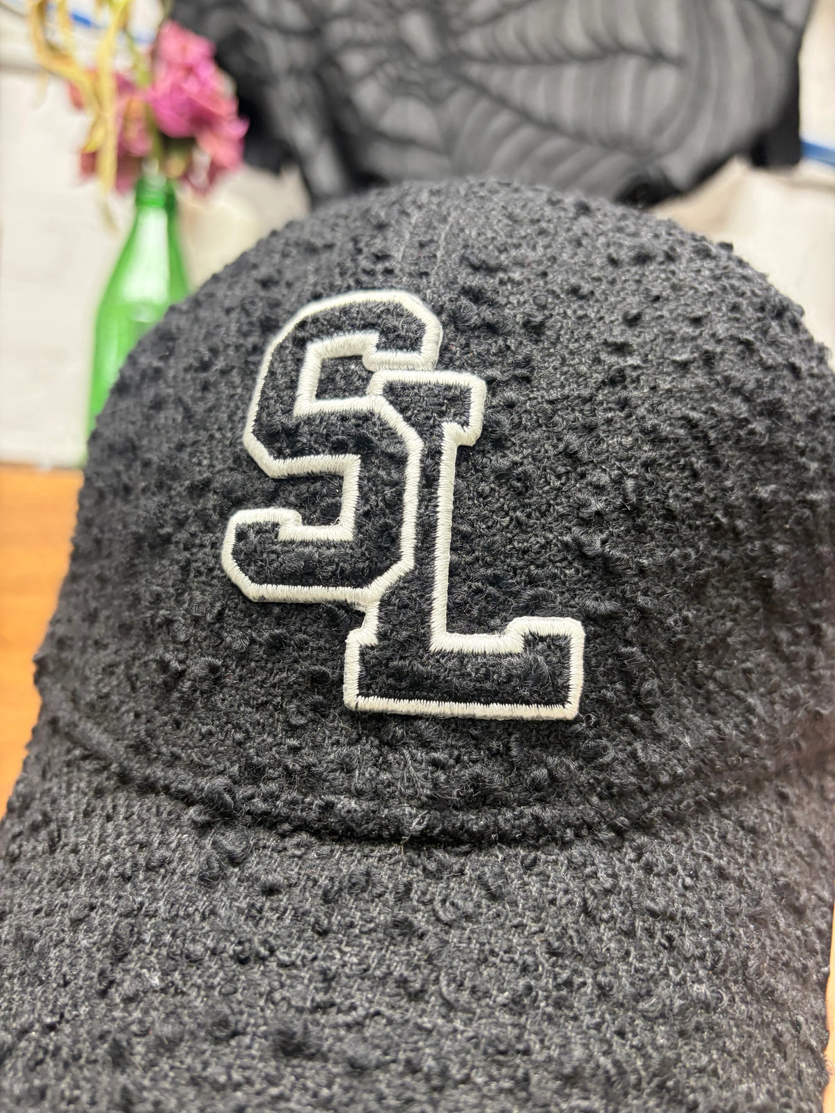 Saint Laurent Black ‘Boucle’ Tweed Wool ‘SL’ Chenille Patch Logo Baseball Cap