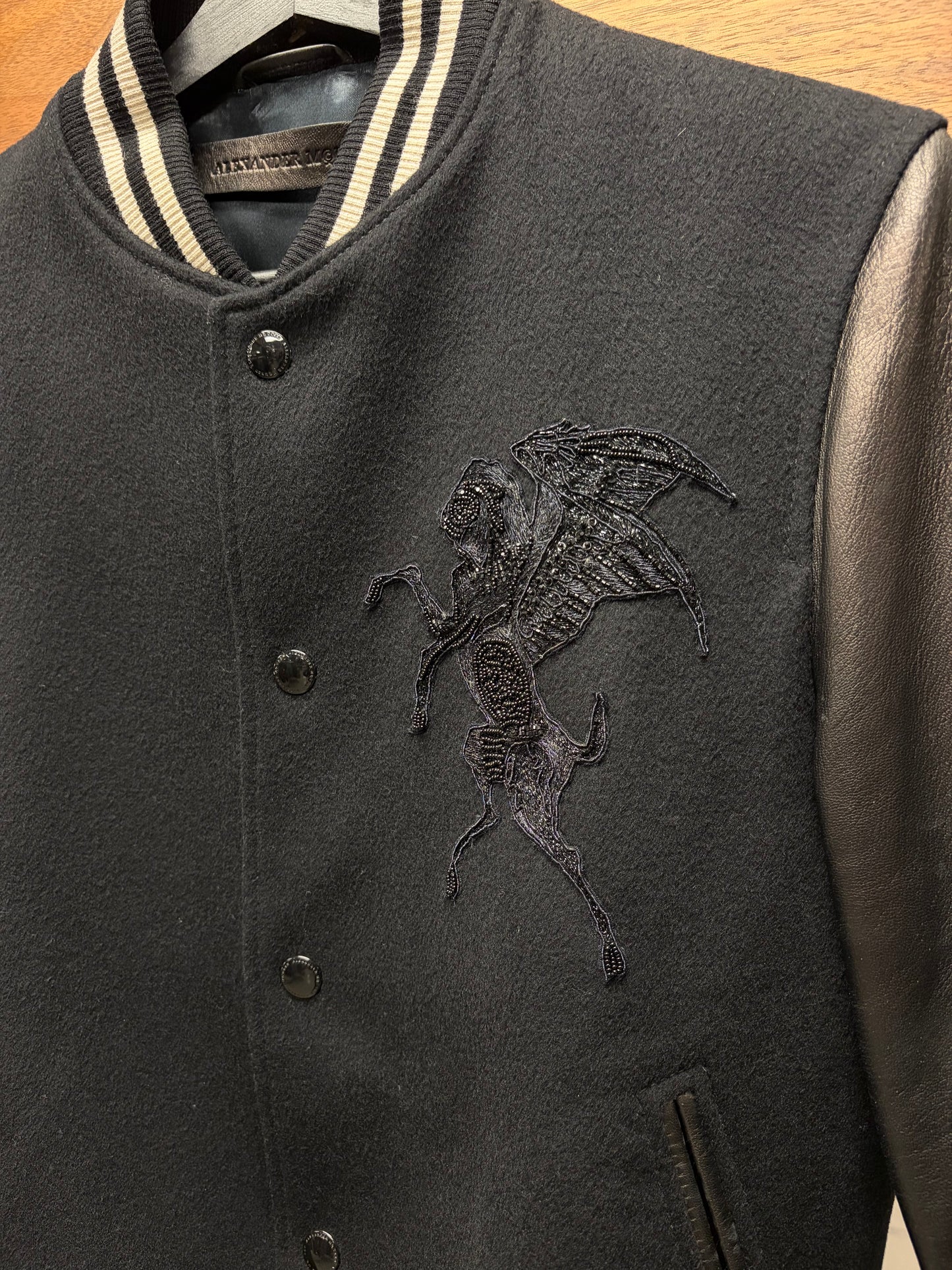 Alexander McQueen Sequin ‘Gryphon’ Wool/Leather Black Varsity Jacket