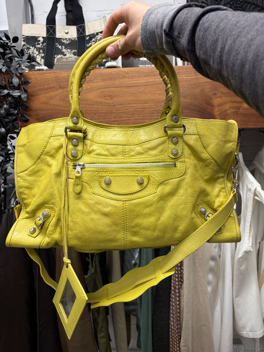 Balenciaga Yellow Calfskin Leather ‘City’ Bag with Crossbody Strap