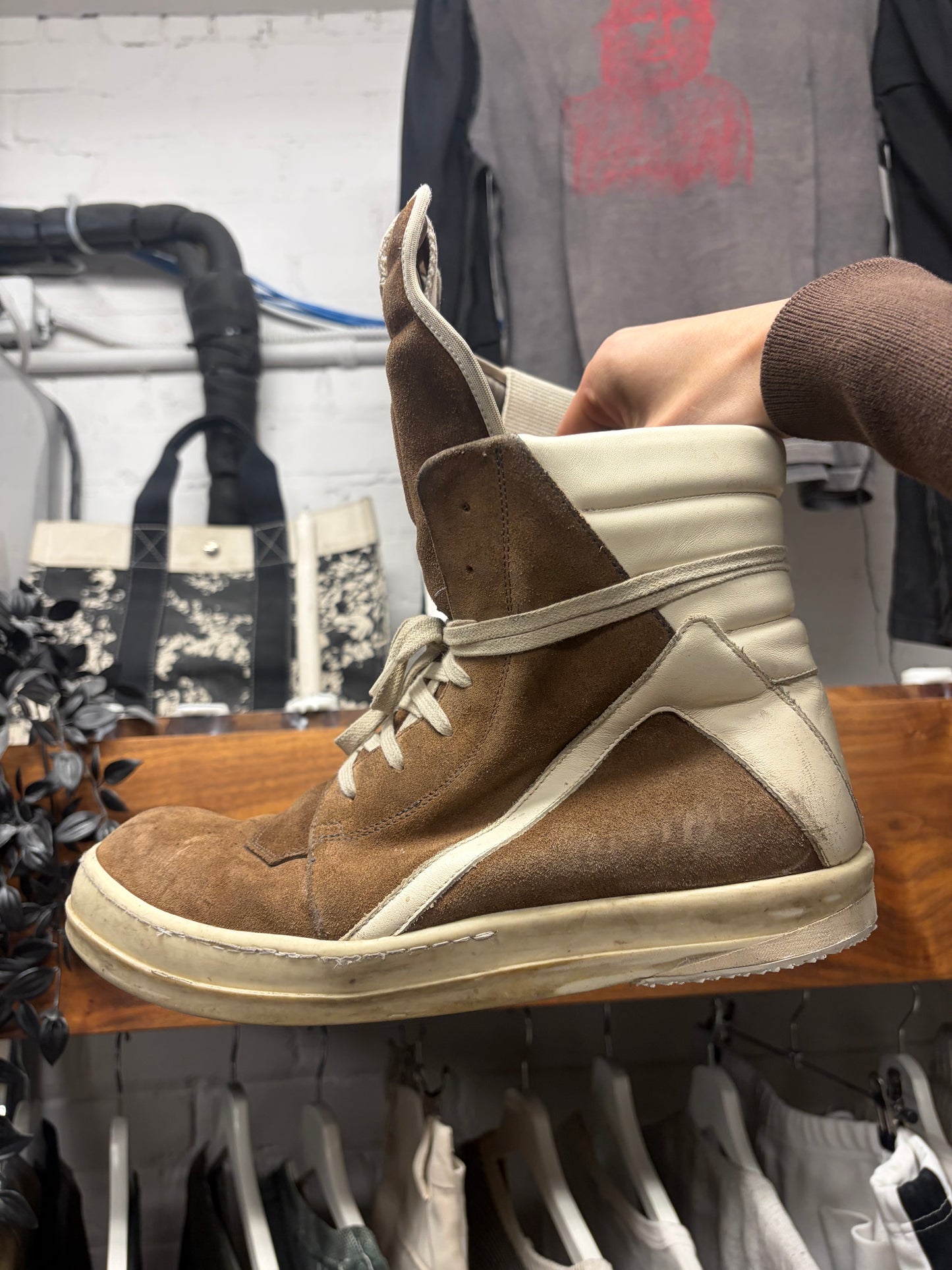 Rick Owens ‘Geobasket’ Dust Brown/Milk Suede High Top Sneakers