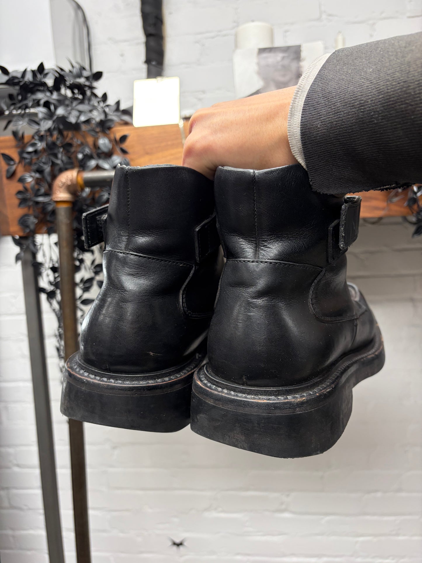 Prada Black Square Toe Black Leather Ankle Strap Boots