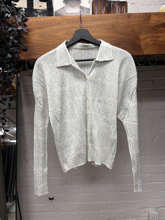 Issey Miyake Pleats Please White Pleated Long Sleeve Polo