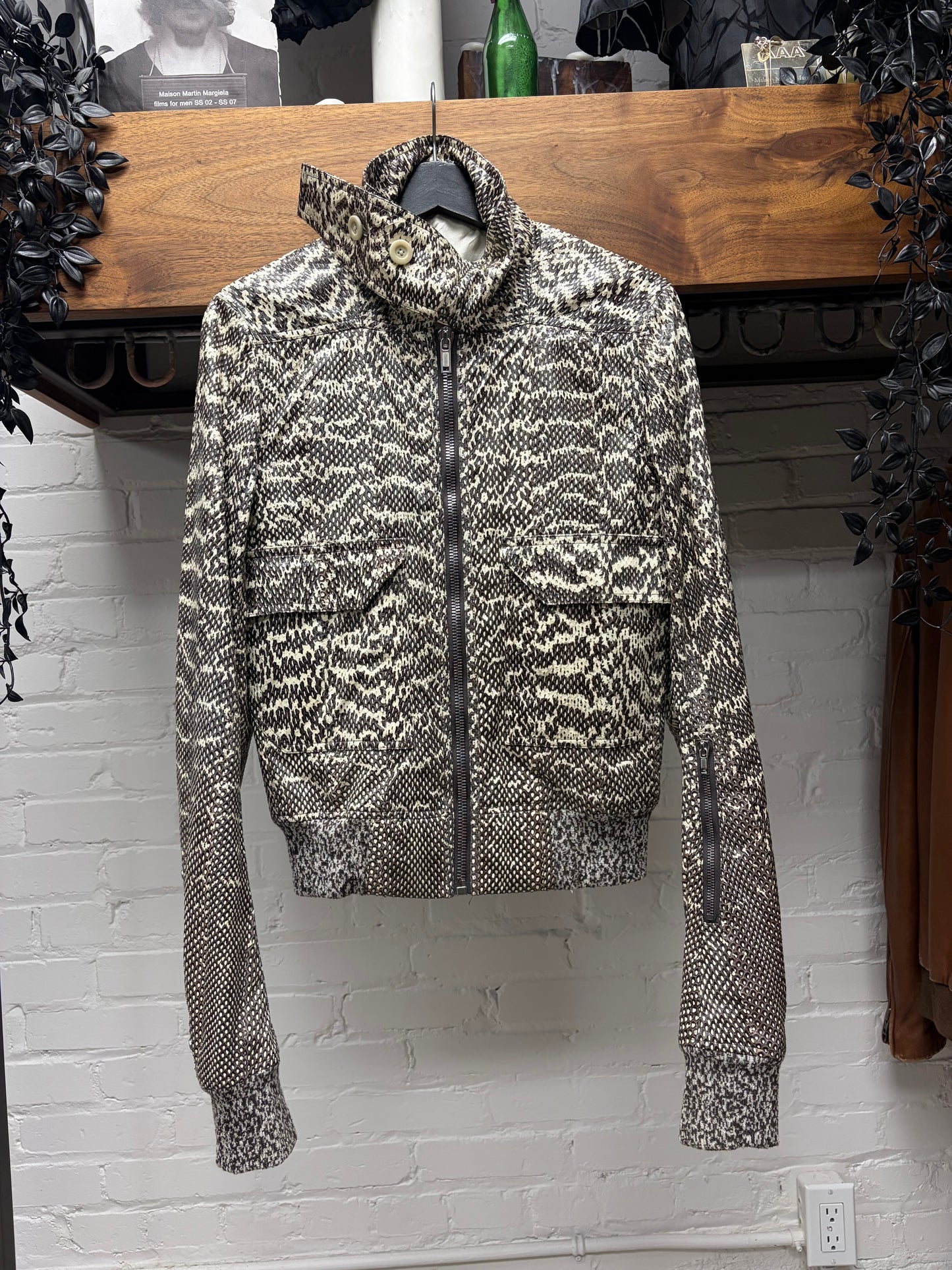 SS2017 Rick Owens ‘Walrus’ Black/Natural Genuine Snakeskin  ‘Oblong’ High Neck Leather Jacket