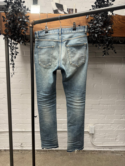 2019 Saint Laurent ‘D14’ Distressed Dirty Blue Washed Skinny Jeans